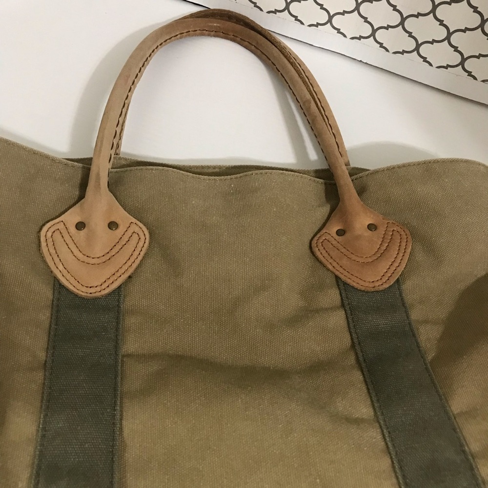 LL Bean Leather Handles Tote Bag Canvas Plaid Lined Brown Green Boat Vintage - Picture 3 of 13